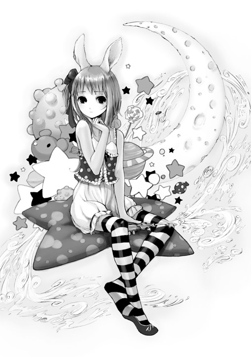 kishida mel, original, animal ears, bloomers, greyscale, monochrome, panties, rabbit ears, shoes, single shoe, solo, striped clothes, striped thighhighs, thighhighs, underwear