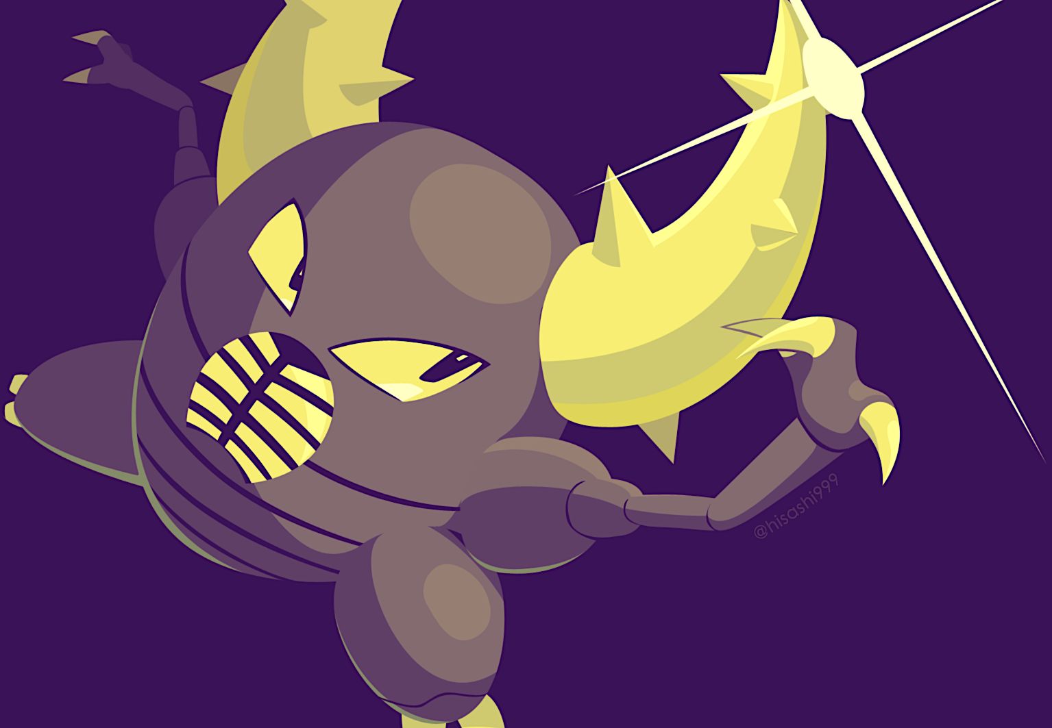 hisashi999, pinsir, nintendo, pokemon, commentary request, bright pupils, claws, gen 1 pokemon, glint, limited palette, no humans, pokemon (creature), purple background, simple background, solo, spiked horns, twitter username, white pupils