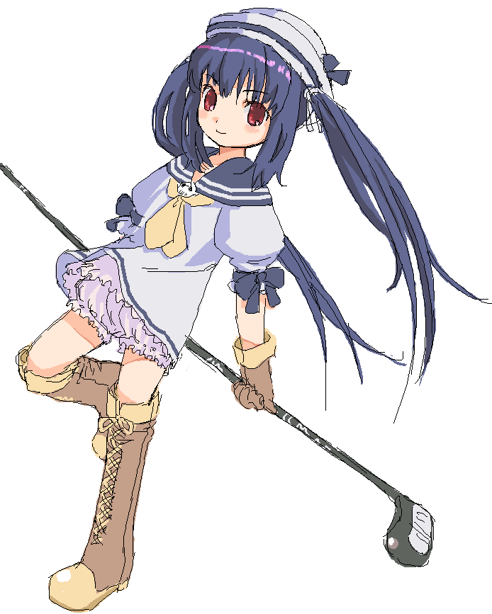 kishida mel, kooh (pangya), pangya, 1girl, arm garter, arms behind back, bloomers, blue hair, blue sailor collar, boots, female focus, full body, gloves, golf club, hair ribbon, hat, holding, holding golf club, knee boots, lace-up boots, looking at viewer, red eyes, ribbon, sailor collar, sailor hat, sailor shirt, shirt, sidelocks, simple background, sketch, solo, standing, standing on one leg, twintails, underwear, white background, white bloomers