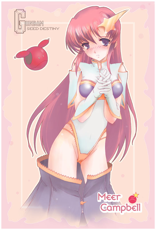 yurikuta tsukumi, meer campbell, gundam, gundam seed, gundam seed destiny, 00s, 1girl, blush, female focus, hair ornament, highleg, solo, star (symbol), star hair ornament, steepled fingers, thighs