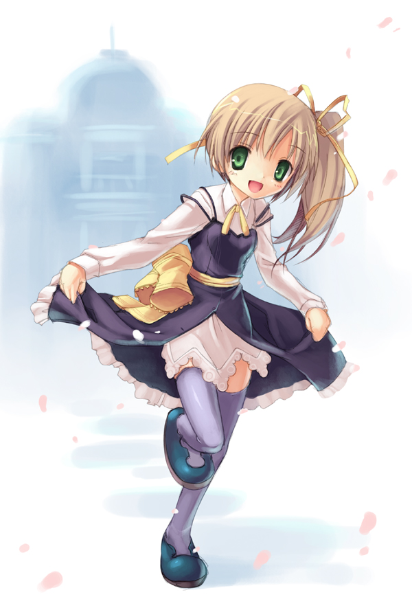 hiiro yuki, yachigusa kyouka, natural another one 2nd belladonna, yellow neckwear, 1girl, blonde hair, blue shoes, blush, bow, bowtie, building, cherry blossoms, clothes lift, dress, dress lift, female focus, flat chest, green eyes, hair ribbon, lifting own clothes, long hair, long sleeves, looking at viewer, open mouth, petals, ponytail, purple dress, purple thighhighs, ribbon, shirt, shoes, side ponytail, skirt, skirt lift, sleeveless, sleeveless dress, smile, solo, thighhighs, white shirt