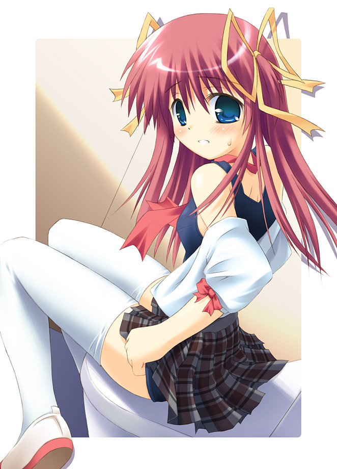 kouzuki hajime, original, 1girl, back, blue eyes, blush, bow, female focus, from behind, hair ribbon, long hair, looking back, no shirt, one-piece swimsuit, plaid clothes, plaid skirt, red hair, ribbon, school swimsuit, shoes, sitting, skirt, solo, sweatdrop, swimsuit, swimsuit under clothes, thighhighs, toilet, undressing, uwabaki, zettai ryouiki