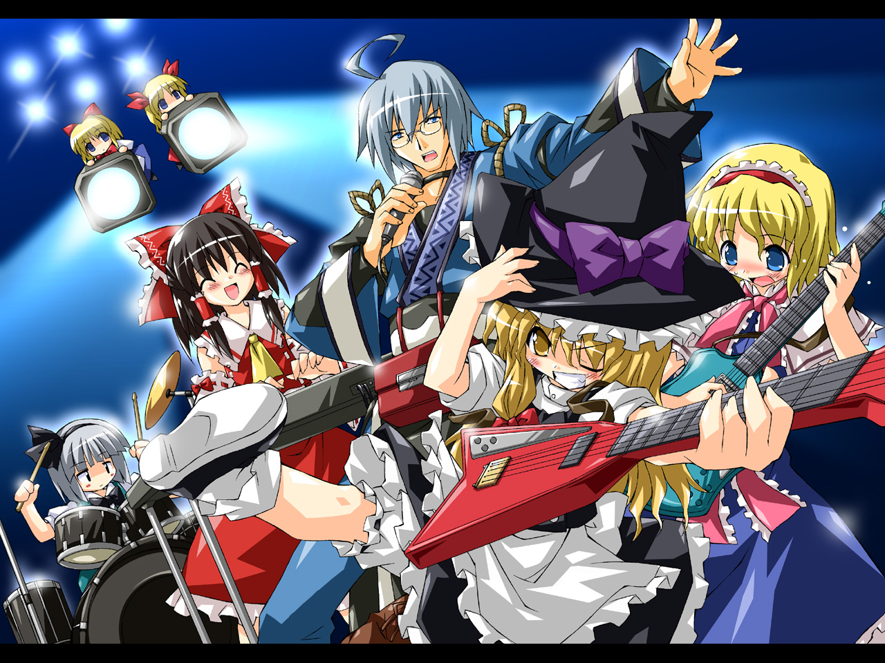 petenshi (dr. vermilion), alice margatroid, hakurei reimu, hourai doll, kirisame marisa, konpaku youmu, morichika rinnosuke, shanghai doll, touhou, 1boy, 4girls, band (music), bass guitar, blonde hair, drum, drum set, electric guitar, guitar, hat, instrument, keyboard, keyboard (instrument), microphone, multiple girls, music, shanghaialice, singing, witch hat