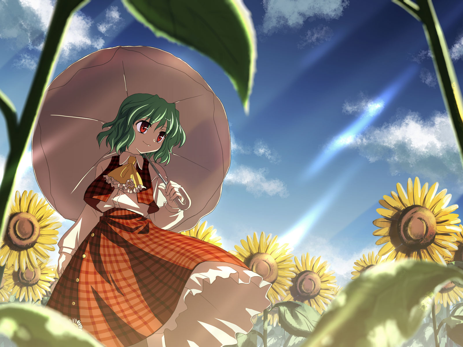 himawari, yuuki tatsuya, kazami yuuka, touhou, highres, 00s, 1girl, anime coloring, ascot, day, dress, female focus, flower, green hair, light rays, outdoors, parasol, plaid clothes, plaid skirt, plaid vest, red eyes, short hair, skirt, skirt set, solo, sunbeam, sunflower, sunlight, umbrella, vest