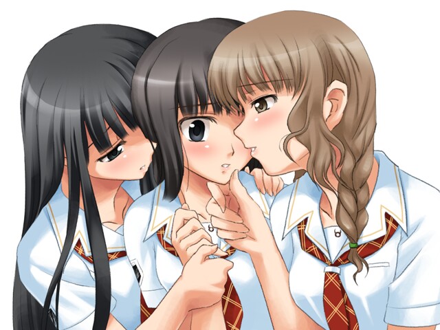 sanshita, futami eriko, mizusawa mao, shijou mitsuki, kimi kiss, 3girls, black eyes, black hair, blush, braid, brown hair, girl sandwich, grabbing another's chin, grey eyes, hand on another's chin, holding another's wrist, long hair, multiple girls, sandwiched, school uniform, single braid, yuri