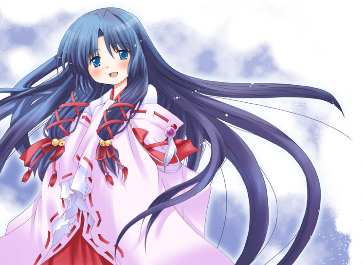 patoto, kannabi no mikoto, air (visual novel), 00s, 1girl, bell, black hair, blue eyes, female focus, hair bell, hair ornament, hakama, hakama skirt, japanese clothes, jingle bell, long hair, red hakama, skirt, solo, very long hair