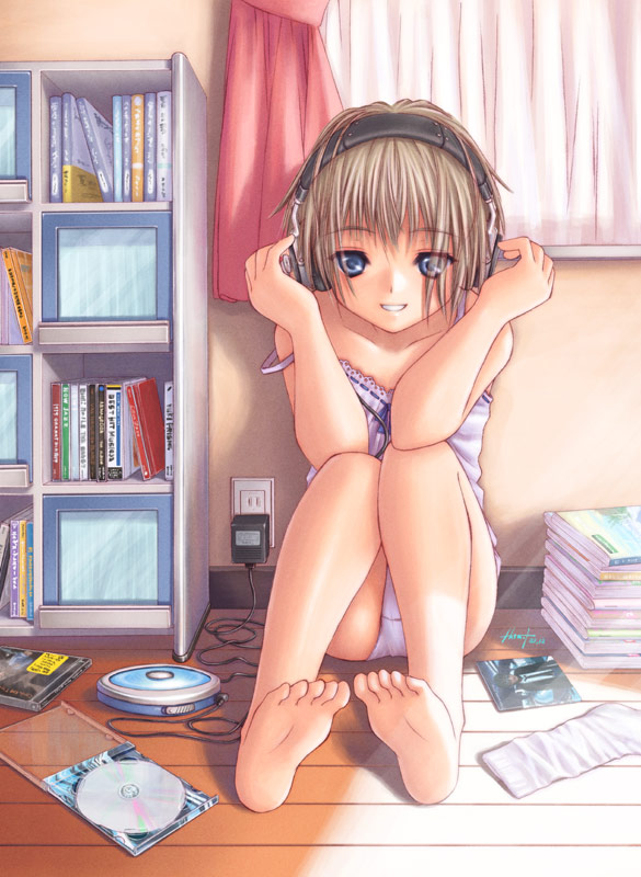 inou shin, original, 1girl, barefoot, blue eyes, bob cut, book, bookshelf, brown hair, camisole, cd, cd case, cd player, cd walkman, chemise, curtains, electrical outlet, feet, female focus, hand on own ear, headphones, hugging own legs, indoors, knees to chest, leaning back, looking at viewer, off shoulder, on floor, panties, short hair, sitting, smile, solo, strap slip, sunlight, toes, underwear, white panties, window, wooden floor