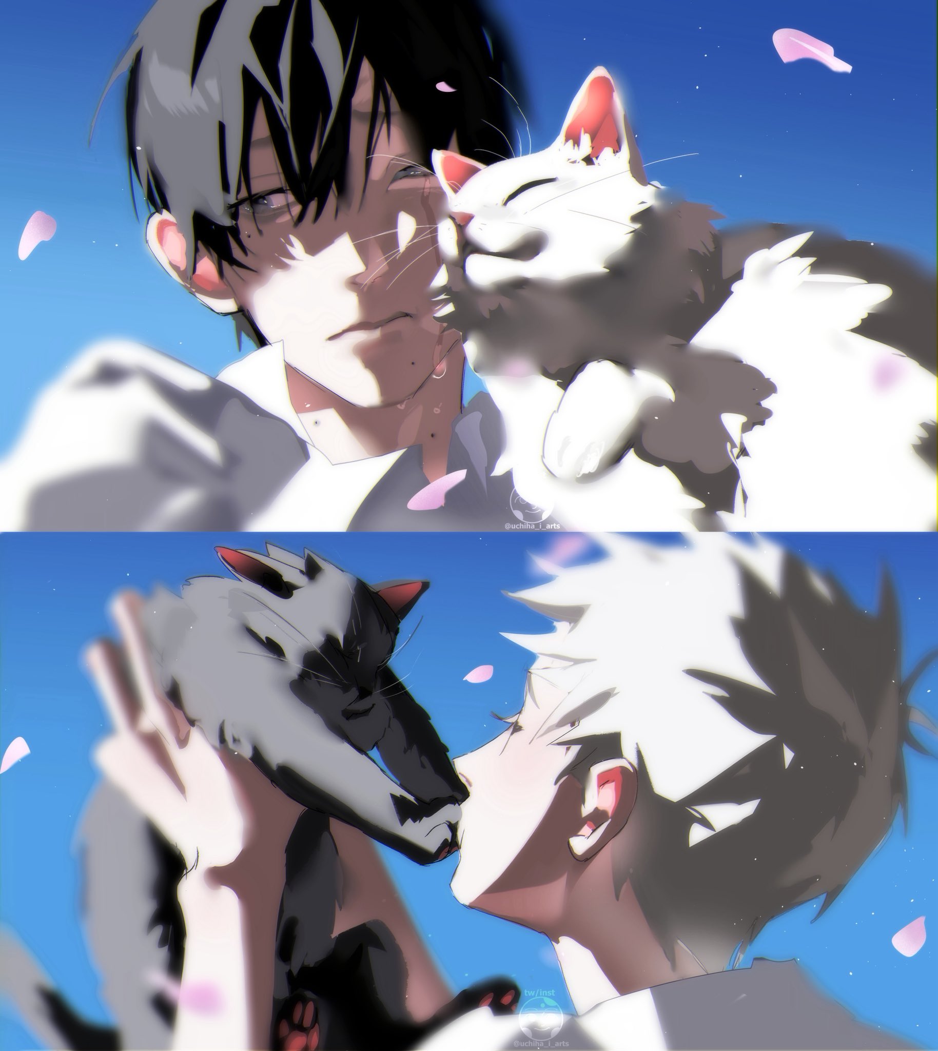 uchiha i arts, indou hikaru, tsujinaka yoshiki, hikaru ga shinda natsu, commentary, highres, 2boys, animal, black cat, black hair, blue sky, cat, grey eyes, grey hair, holding, holding animal, holding cat, male focus, multiple boys, shirt, sky, white cat, white shirt