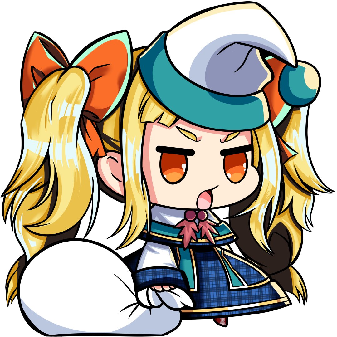 kouto matai, dohna dohna issho ni warui koto o shiyou, 1girl, blonde hair, blue dress, bow, capelet, chibi, chibi only, dress, fuyunashi noel, hair bow, hat, holding, holding sack, long hair, long sleeves, meme, no nose, open mouth, orange bow, orange eyes, padoru (meme), sack, simple background, solo, white background, white capelet