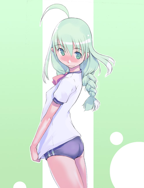 takeda sun, me-tan, os-tan, 1girl, ahoge, aqua eyes, aqua hair, blush, braid, buruma, clothes pull, double vertical stripe, female focus, gym uniform, looking at viewer, looking to the side, purple buruma, shirt pull, shirt tug, simple background, single braid, smile, solo