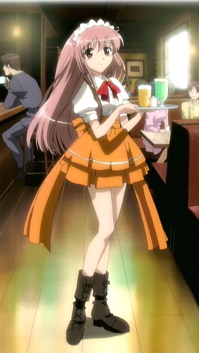 daidouji mayura, mayura, anna miller, matantei loki ragnarok, anime screenshot, 00s, 1girl, boots, cup, drinking glass, female focus, green tea, matanteilokiragnarok, orange skirt, pink hair, restaurant, skirt, solo, tea, tray, waitress
