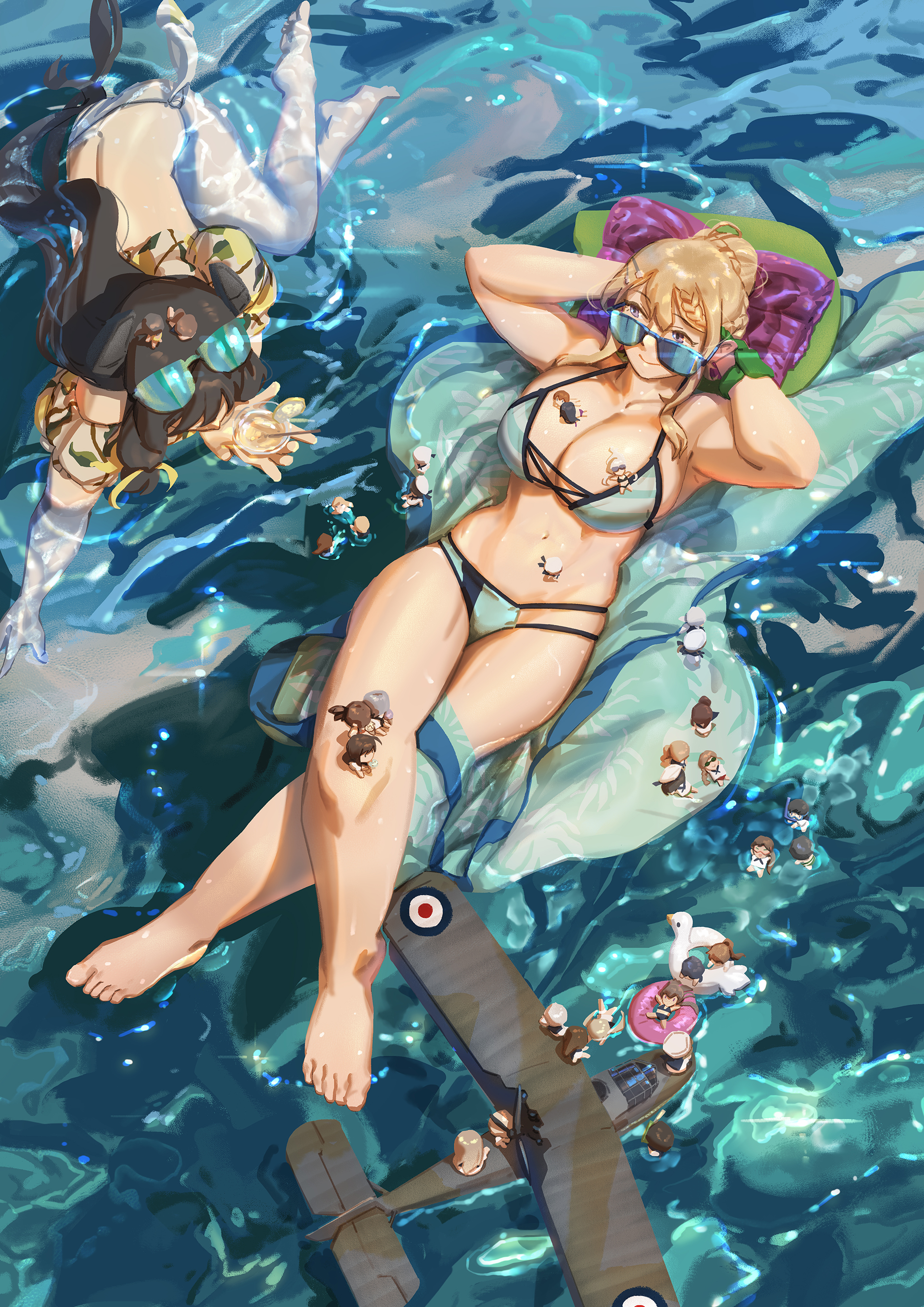 ye fan, fairy (kancolle), perth (kancolle), perth (swimsuit) (kancolle), kantai collection, absurdres, character request, highres, 6+girls, adapted costume, aircraft, airplane, arms behind head, bikini, blonde hair, braid, braided bangs, braided bun, breasts, chibi, eyewear on head, hair bun, large breasts, mini person, minigirl, multiple girls, ocean, official alternate costume, partially submerged, purple eyes, striped bikini, striped clothes, sunglasses, swimsuit, water