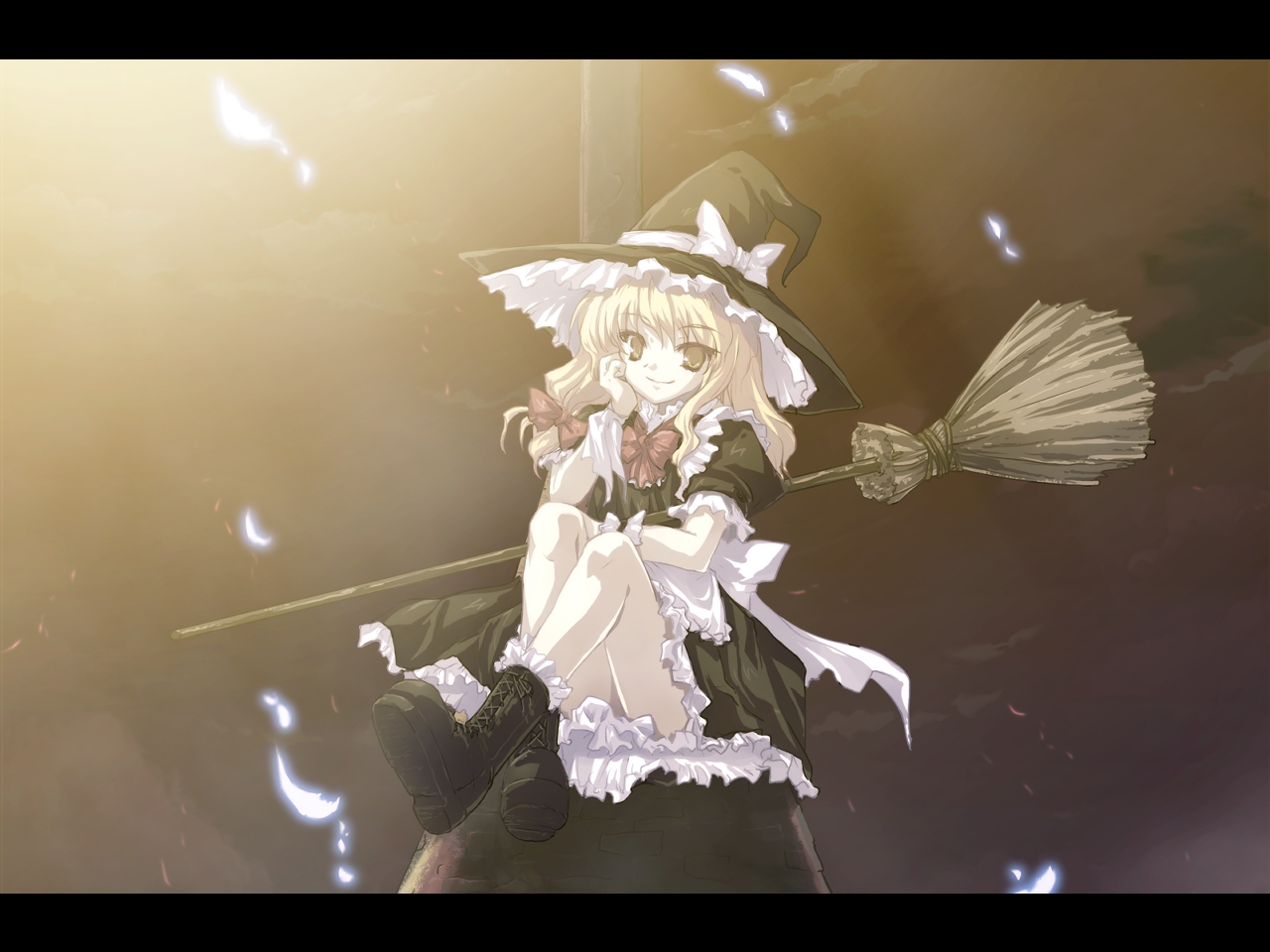 tokiame, kirisame marisa, touhou, 1girl, black boots, blonde hair, boots, broom, female focus, gradient background, hat, letterboxed, long hair, outdoors, sitting, sky, solo, underwear, witch hat, yellow eyes