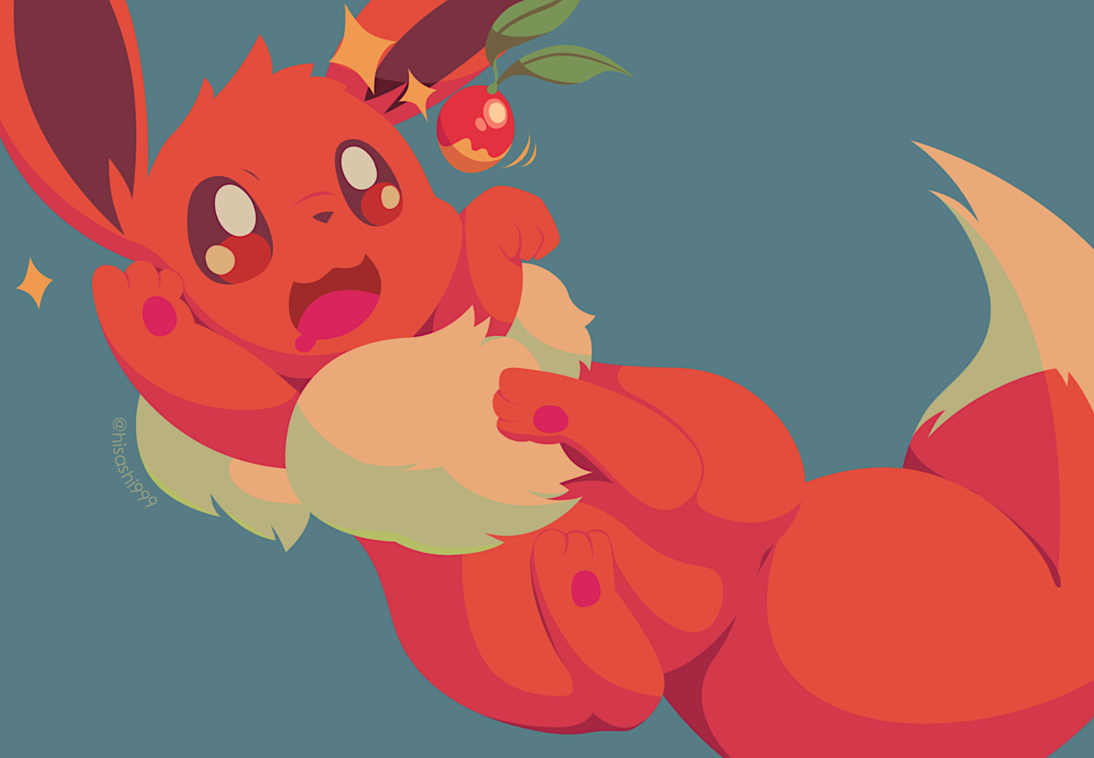 hisashi999, eevee, nintendo, pokemon, commentary request, animal focus, berry (pokemon), brown eyes, cheri berry, drooling, gen 1 pokemon, lying, mouth drool, no humans, on back, open mouth, pawpads, pokemon (creature), simple background, solo, sparkle, twitter username