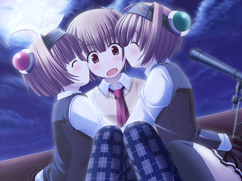 usaginezumi, kousaka naoya, nagamori cocoa, nagamori milk, futa majo, game cg, 1boy, 2girls, ahoge, blush, brown hair, closed eyes, headband, kiss, kissing cheek, multiple girls, outdoors, pleated skirt, red eyes, school uniform, serafuku, siblings, sisters, skirt, sweatdrop, thighhighs, twins