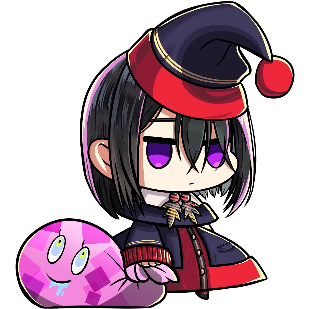 kouto matai, dohna dohna issho ni warui koto o shiyou, 1girl, black capelet, black dress, black hair, black hat, capelet, chibi, closed mouth, dress, expressionless, full body, hair between eyes, hat, holding, holding sack, kamifumoto rin, long sleeves, meme, padoru (meme), purple eyes, sack, saliva, short hair, simple background, solo, white background