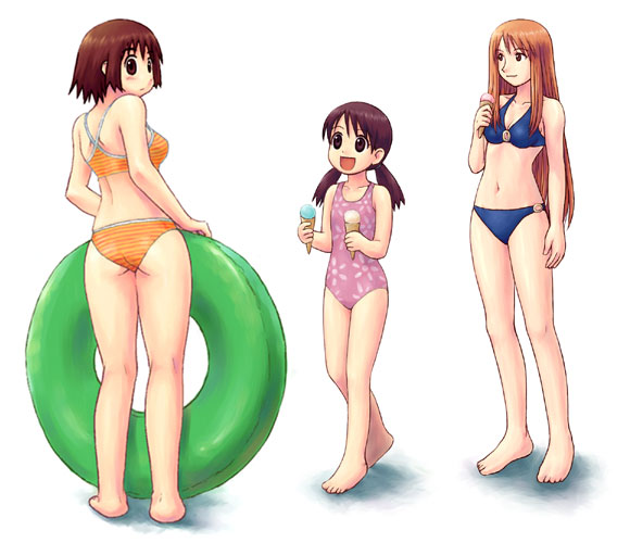 emoncake., ayase asagi, ayase ena, ayase fuuka, yotsubato!, 3girls, :p, ass, barefoot, bikini, brown eyes, brown hair, feet, food, from behind, happy, ice cream, innertube, long hair, multiple girls, one-piece swimsuit, open mouth, short hair, short twintails, sidelocks, smile, striped bikini, striped clothes, swim ring, swimsuit, thick eyebrows, tongue, tongue out, twintails