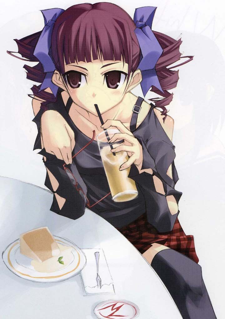 matsudaira touko, maria-sama ga miteru, 00s, 1girl, black thighhighs, casual, drill hair, drink, drinking, drinking straw, female focus, flat chest, food, fork, glasses, hair ribbon, holding, holding removed eyewear, plaid clothes, plaid skirt, plate, purple eyes, purple hair, red-framed eyewear, ribbon, sitting, skirt, solo, table, thighhighs, twin drills, twintails, unworn eyewear, zettai ryouiki