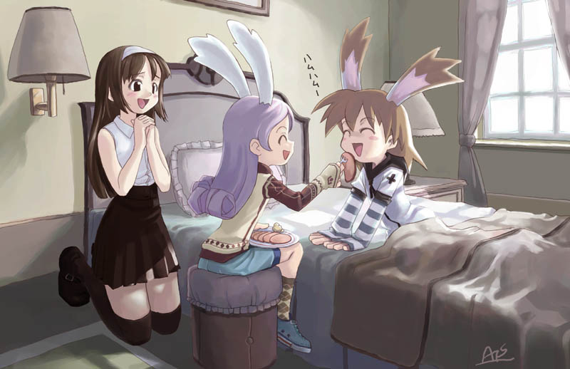 saitou atsushi (pal no komado), nagareboshi hajimete, usa-tan (saitou atsushi), usa usa (saitou atsushi), original, 3girls, :d, animal ears, dog ears, food, ham, multiple girls, open mouth, rabbit ears, signature, smile, thighhighs
