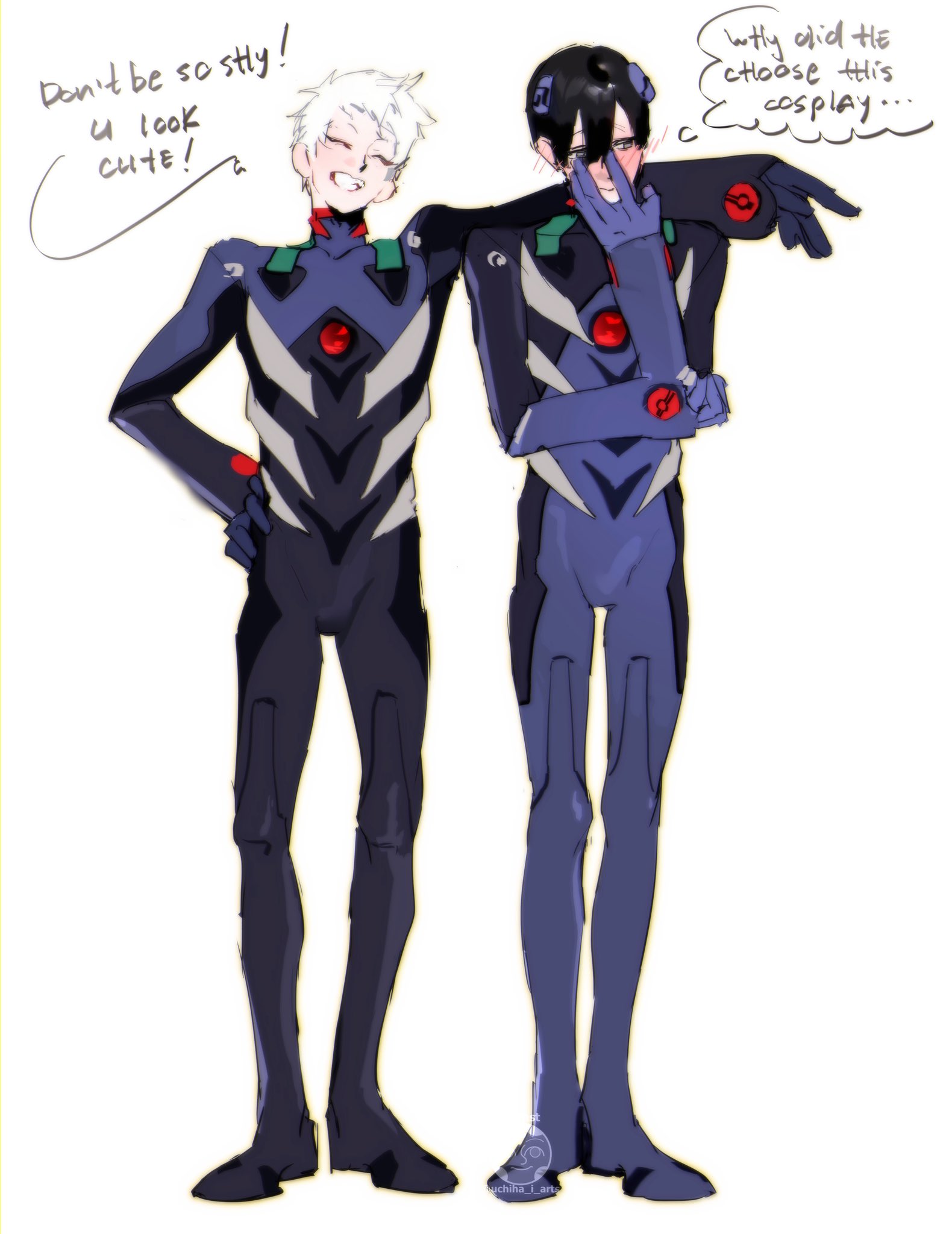 uchiha i arts, ikari shinji, indou hikaru, nagisa kaworu, tsujinaka yoshiki, hikaru ga shinda natsu, neon genesis evangelion, commentary, english commentary, highres, 2boys, arm around shoulder, black hair, blush, closed eyes, cosplay, english text, full body, hand on own face, hand on own hip, ikari shinji (cosplay), male focus, mecha pilot suit, multiple boys, nagisa kaworu (cosplay), short hair, smile, speech bubble, thought bubble, very short hair, watermark, white hair