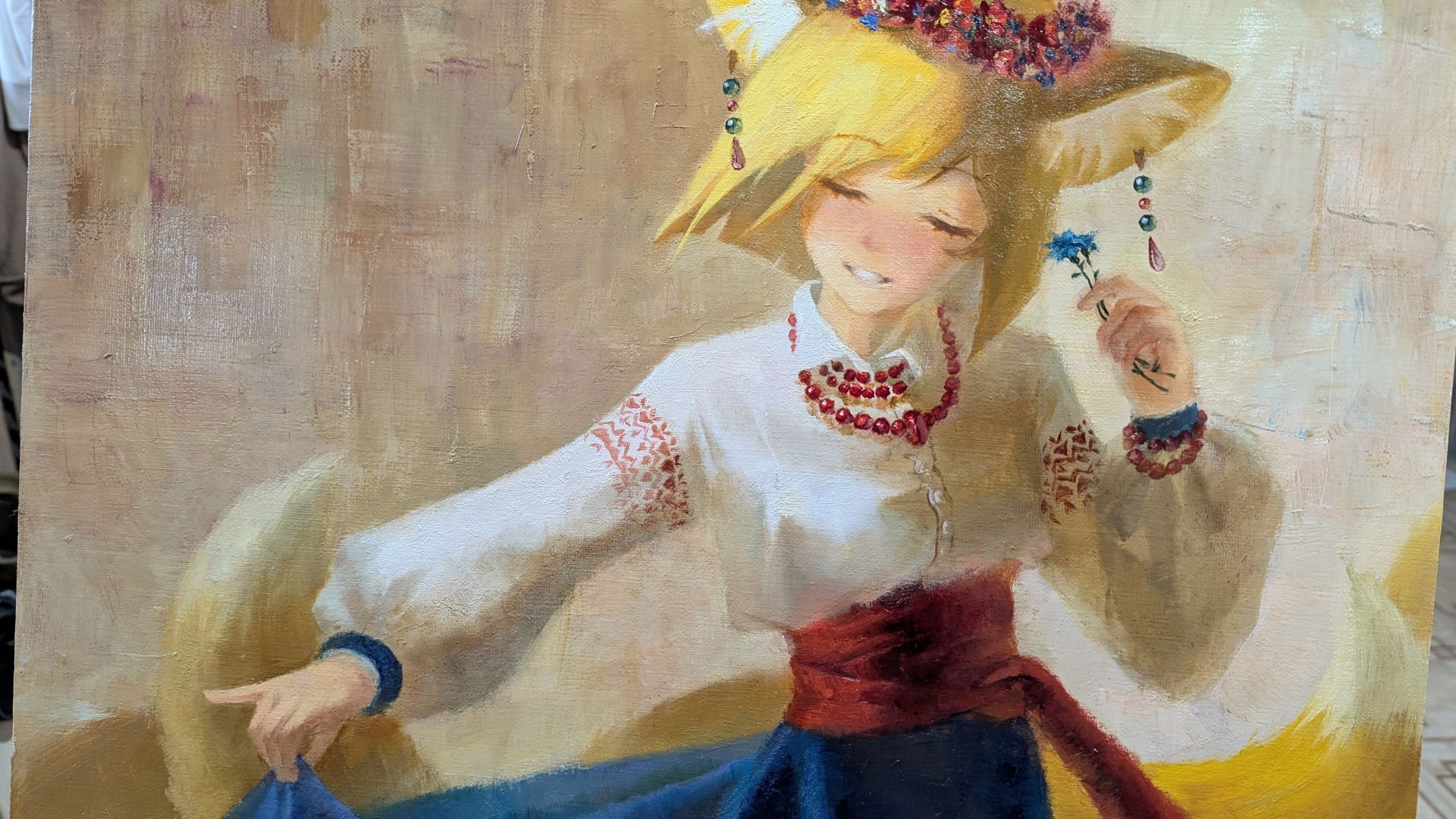yuuren kyouko, yakumo ran, touhou, commentary, english commentary, highres, oil painting (medium), painting (medium), photo (medium), traditional media, 1girl, animal ear fluff, animal ears, blonde hair, blue skirt, dress, floral print, flower, fox ears, fox tail, head wreath, holding, holding flower, jewelry, kitsune, long sleeves, multiple tails, shirt, short hair, skirt, slavic clothes, smile, solo, tail, traditional dress, white shirt