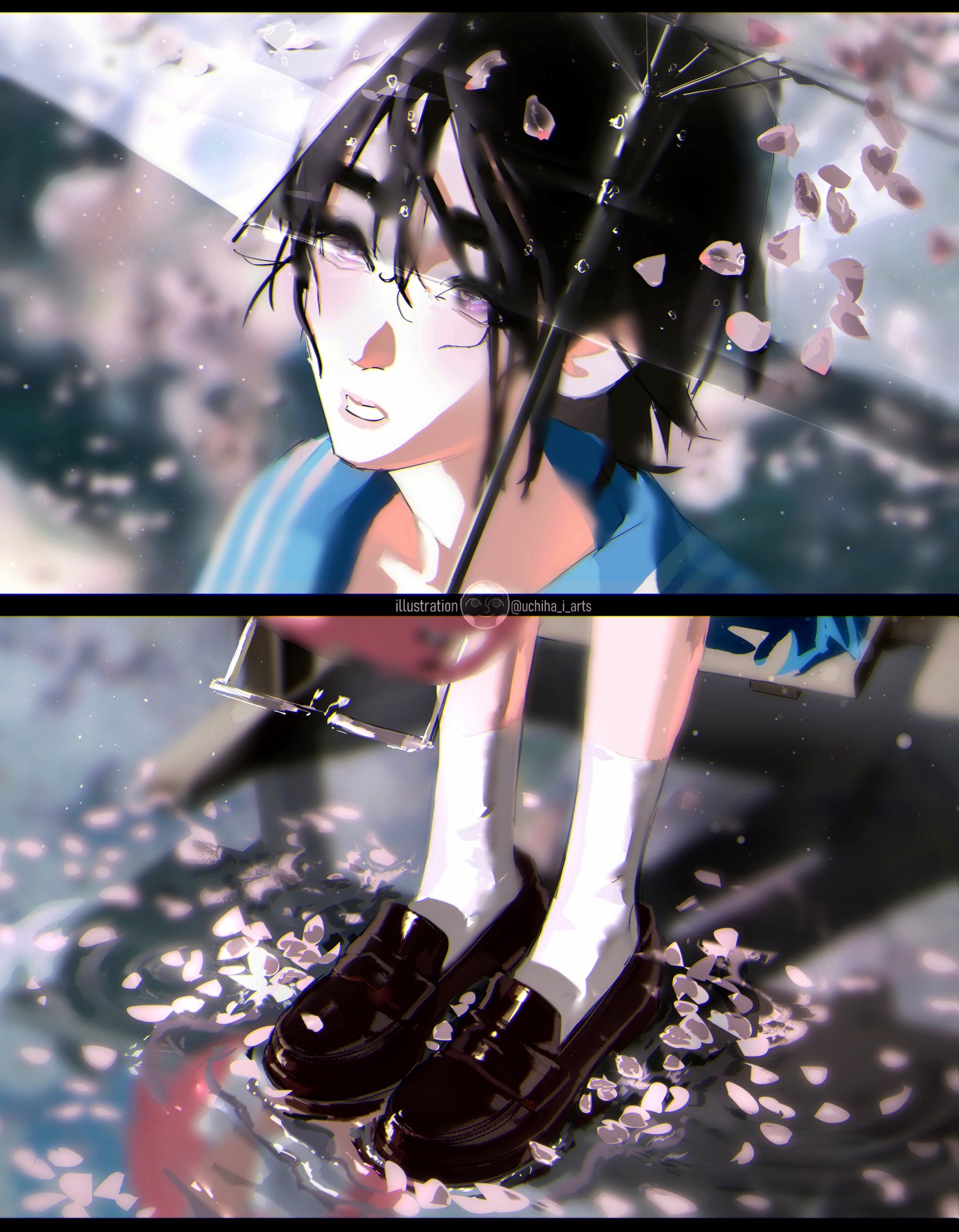uchiha i arts, sua (alien stage), alien stage, commentary, english commentary, highres, 1girl, artist name, black hair, black shoes, blue sailor collar, holding, holding umbrella, loafers, looking up, parted lips, pink petals, purple eyes, sailor collar, shoes, short hair, socks, transparent, transparent umbrella, umbrella, water, white socks