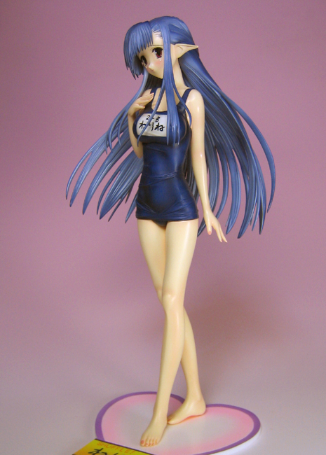 nerine, shuffle!, photo (medium), 00s, barefoot, figure, long hair, name tag, one-piece swimsuit, purple hair, school swimsuit, solo, swimsuit, very long hair