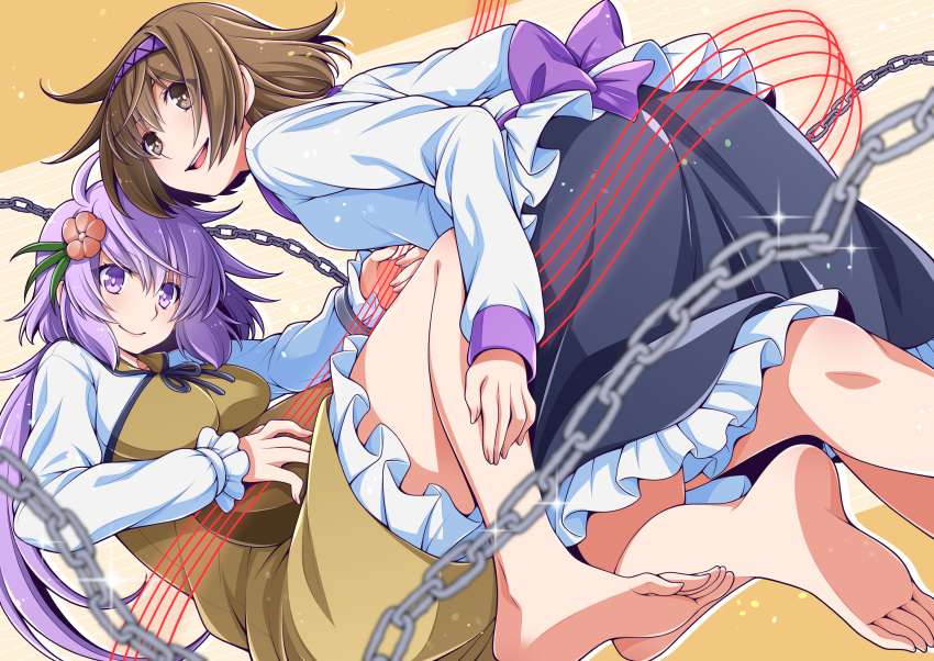 eichi yuu, tsukumo benben, tsukumo yatsuhashi, touhou, commentary request, 2girls, barefoot, black skirt, breasts, brown eyes, brown hair, chain, closed mouth, dress, flower, frilled skirt, frills, hair flower, hair ornament, hairband, long hair, long sleeves, looking at viewer, multiple girls, open mouth, pink flower, purple eyes, purple hair, purple hairband, shirt, skirt, smile, soles, toes, very long hair, white shirt, yellow dress