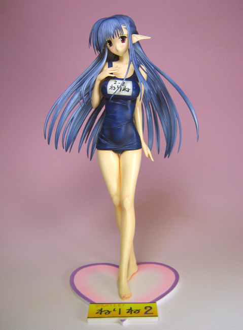 nerine, shuffle!, photo (medium), 00s, barefoot, figure, long hair, name tag, one-piece swimsuit, purple hair, school swimsuit, solo, swimsuit, very long hair