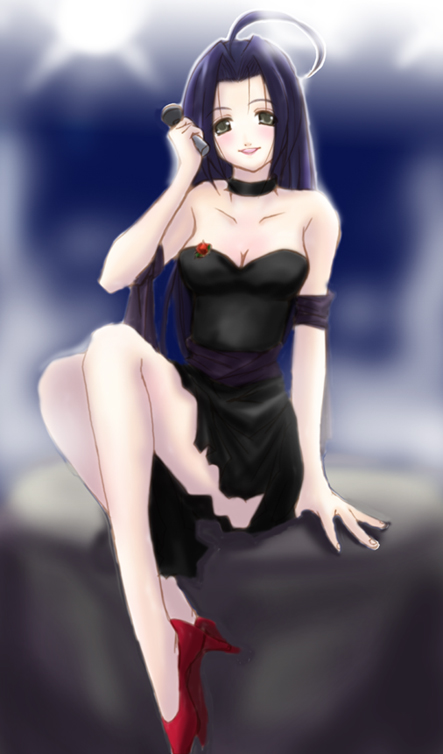 neogaryo, miura azusa, idolmaster, idolmaster (classic), idolmaster 1, 00s, 1girl, ahoge, arm support, bad anatomy, black hair, breasts, collar, collarbone, dress, female focus, full body, hair intakes, huge ahoge, legs, lipstick, long hair, looking at viewer, makeup, medium breasts, microphone, poorly drawn, shoes, sitting, smile, solo, strapless, strapless dress, very long hair