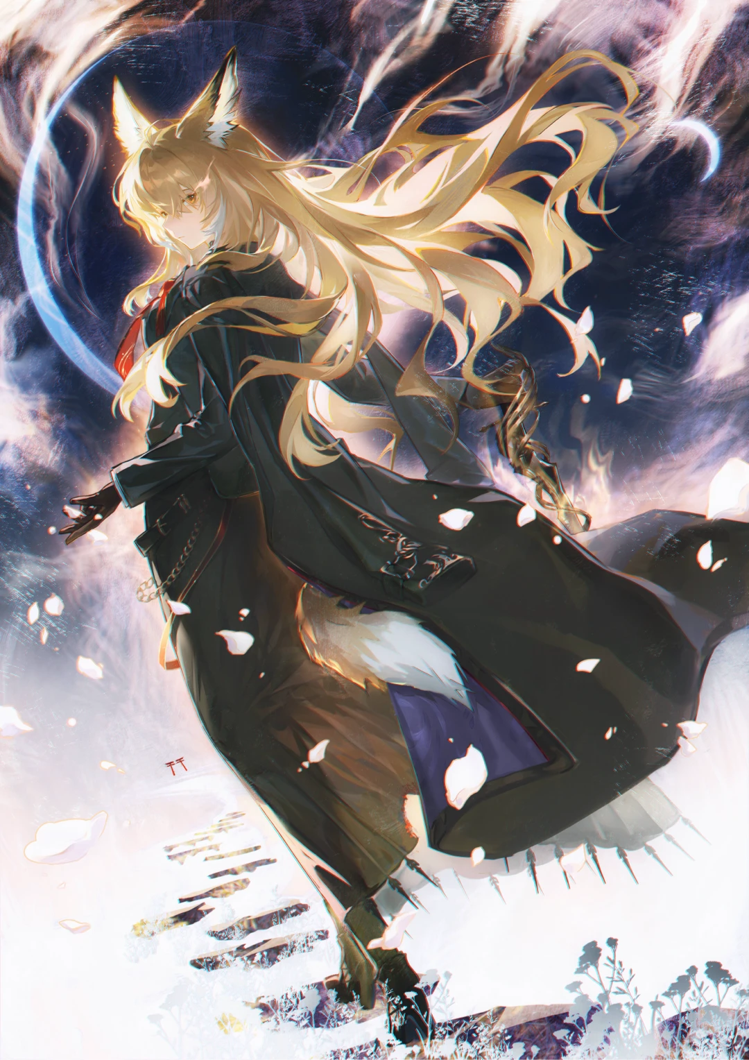 vulpisfoglia (arknights), arknights, highres, 1girl, animal ear fluff, animal ears, black coat, black gloves, blonde hair, closed mouth, coat, fox ears, fox tail, from behind, full body, gloves, high heels, holding, long hair, long sleeves, looking at viewer, looking back, luo sheep chan, multicolored hair, necktie, petals, red eyes, red necktie, shirt, shoes, skirt, solo, standing, streaked hair, tail, very long hair, white hair, yellow eyes