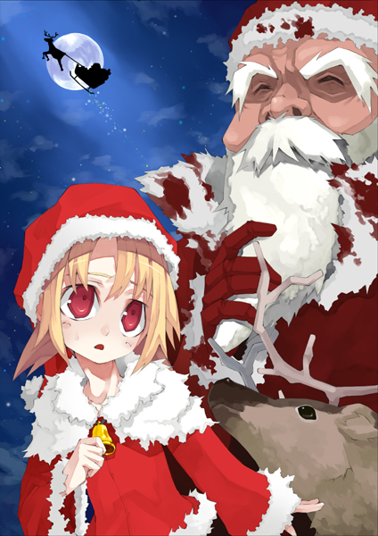murata taichi, santa claus, original, 1girl, beard, blonde hair, christmas, facial hair, full moon, moon, red eyes, reindeer, santa costume