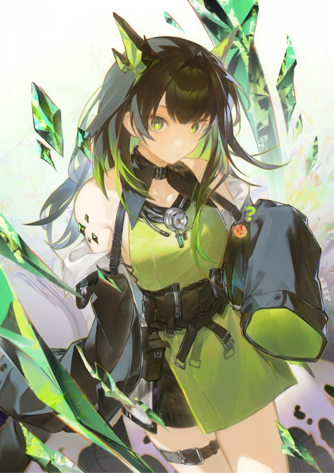 mon3tr (arknights), arknights, highres, 1girl, animal ear fluff, animal ears, black coat, black gloves, blonde hair, closed mouth, coat, from behind, full body, gloves, high heels, holding, leg ribbon, long hair, long sleeves, looking at viewer, looking back, luo sheep chan, necktie, petals, red necktie, ribbon, shirt, shoes, skirt, solo, standing, tail, very long hair, yellow eyes