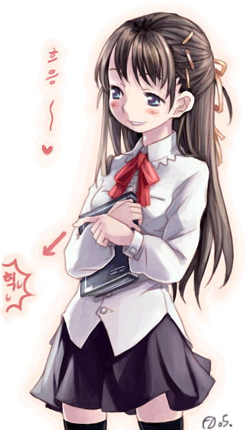bailknight, original, book, brown hair, hair ornament, hair ribbon, hairclip, korean text, long hair, pleated skirt, ribbon, school uniform, serafuku, skirt, solo, thighhighs