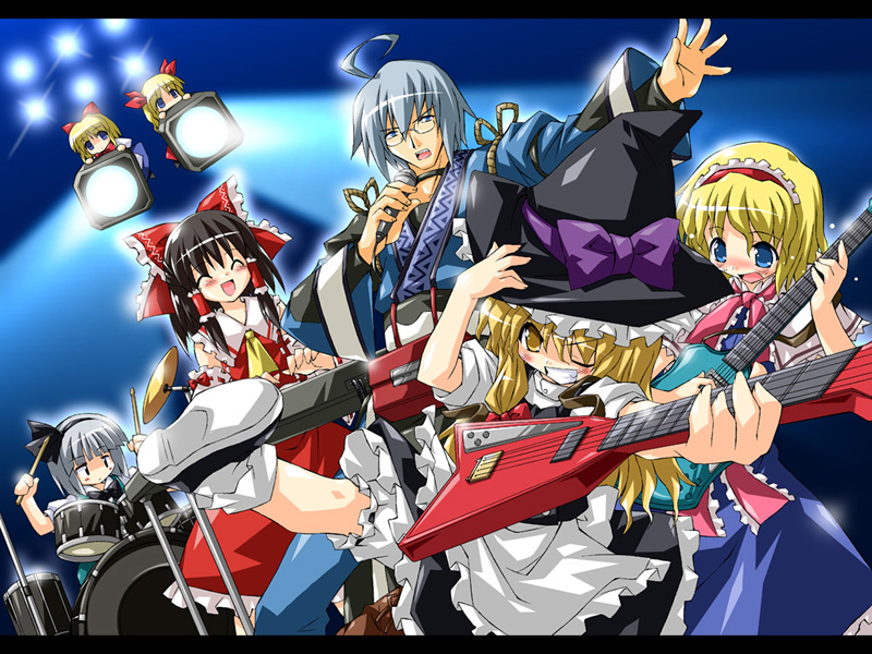 petenshi (dr. vermilion), alice margatroid, hakurei reimu, hourai doll, kirisame marisa, konpaku youmu, morichika rinnosuke, shanghai doll, touhou, 1boy, 4girls, band (music), blonde hair, drum, drum set, electric guitar, guitar, hat, instrument, multiple girls, music, shanghaialice, singing, witch hat