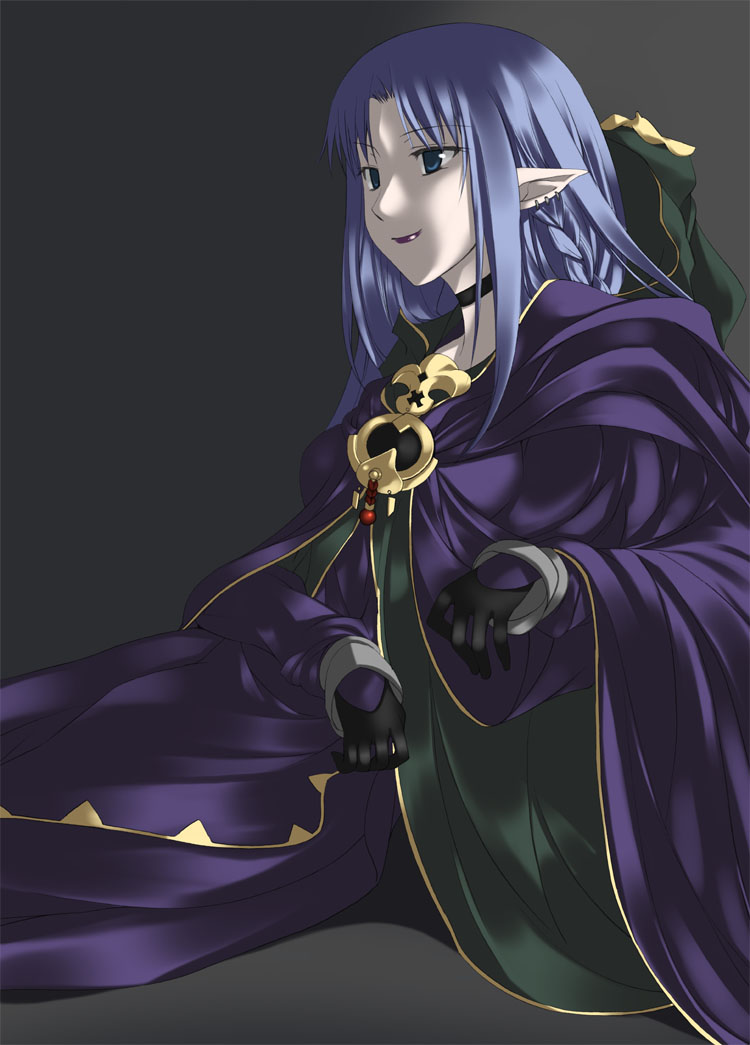 mizuki makoto, medea (caster) (fate), medea (fate), fate/stay night, fate (series), 00s, 1girl, blue eyes, blue hair, brooch, choker, ear piercing, female focus, gloves, grey background, hood, hood down, jewelry, lipstick, makeup, matching hair/eyes, pale skin, piercing, pointy ears, robe, simple background, solo