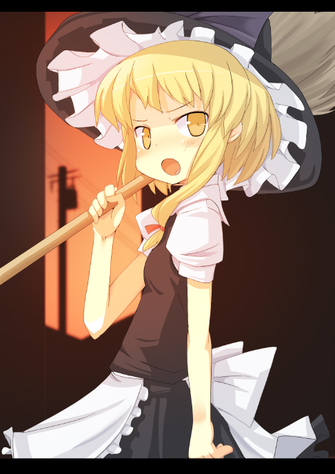 mamo williams, kirisame marisa, touhou, 1girl, annoyed, apron, blonde hair, blush, broom, female focus, flat chest, hat, letterboxed, loli, open mouth, power lines, ribbon, solo, waist apron, witch hat