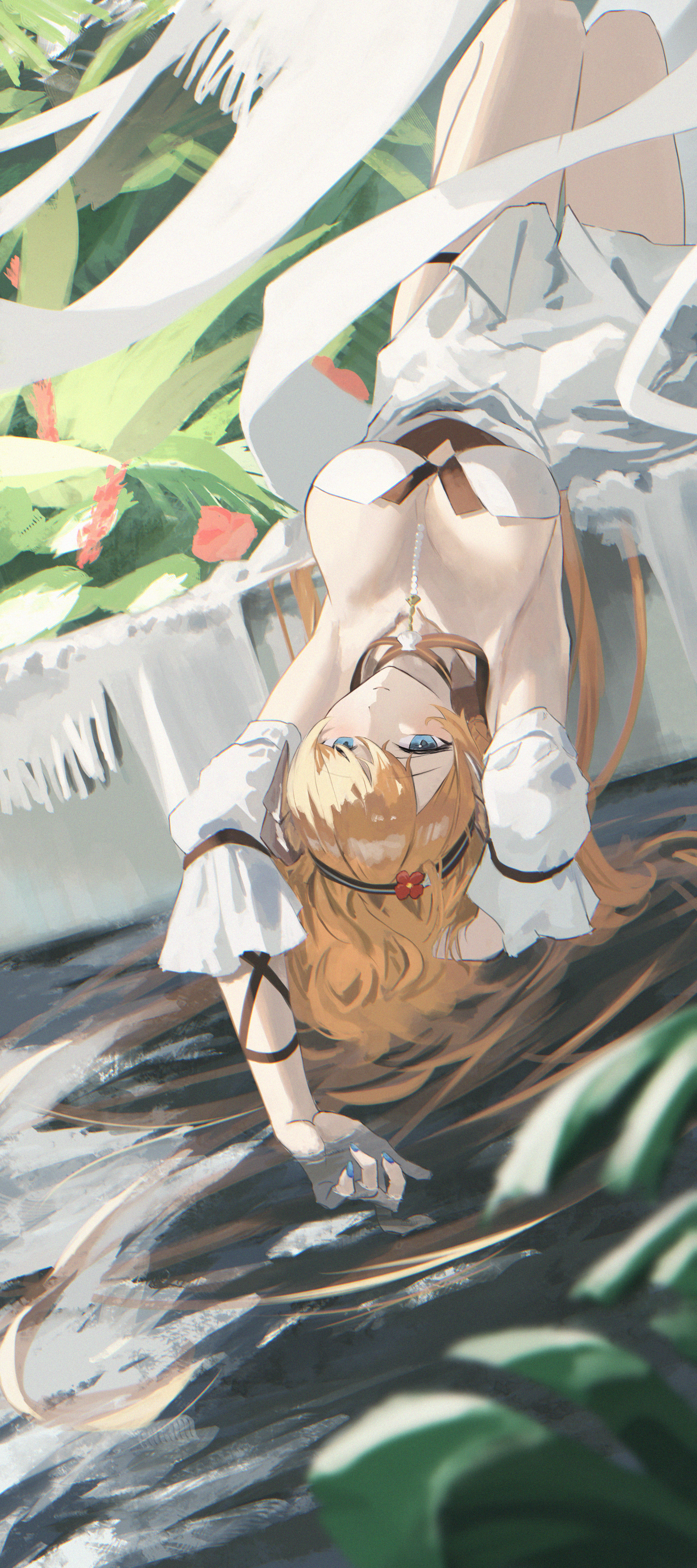 shikyou yoru, saileach (arknights), saileach (summer flowers) (arknights), arknights, absurdres, commentary, highres, 1girl, aqua nails, arm behind head, armpits, arms up, bare shoulders, black hairband, black one-piece swimsuit, blonde hair, blue eyes, breasts, cleavage, closed mouth, detached sleeves, dragon horns, flower, forward-facing horns, grey horns, hair between eyes, hairband, horns, jewelry, large breasts, legs together, looking at viewer, lying, multicolored hairband, multicolored one-piece swimsuit, nail polish, official alternate costume, on back, one-piece swimsuit, outdoors, plant, red flower, short sleeves, swimsuit, thigh strap, two-tone hairband, two-tone one-piece swimsuit, upside-down, water, white hairband, white one-piece swimsuit, white sleeves