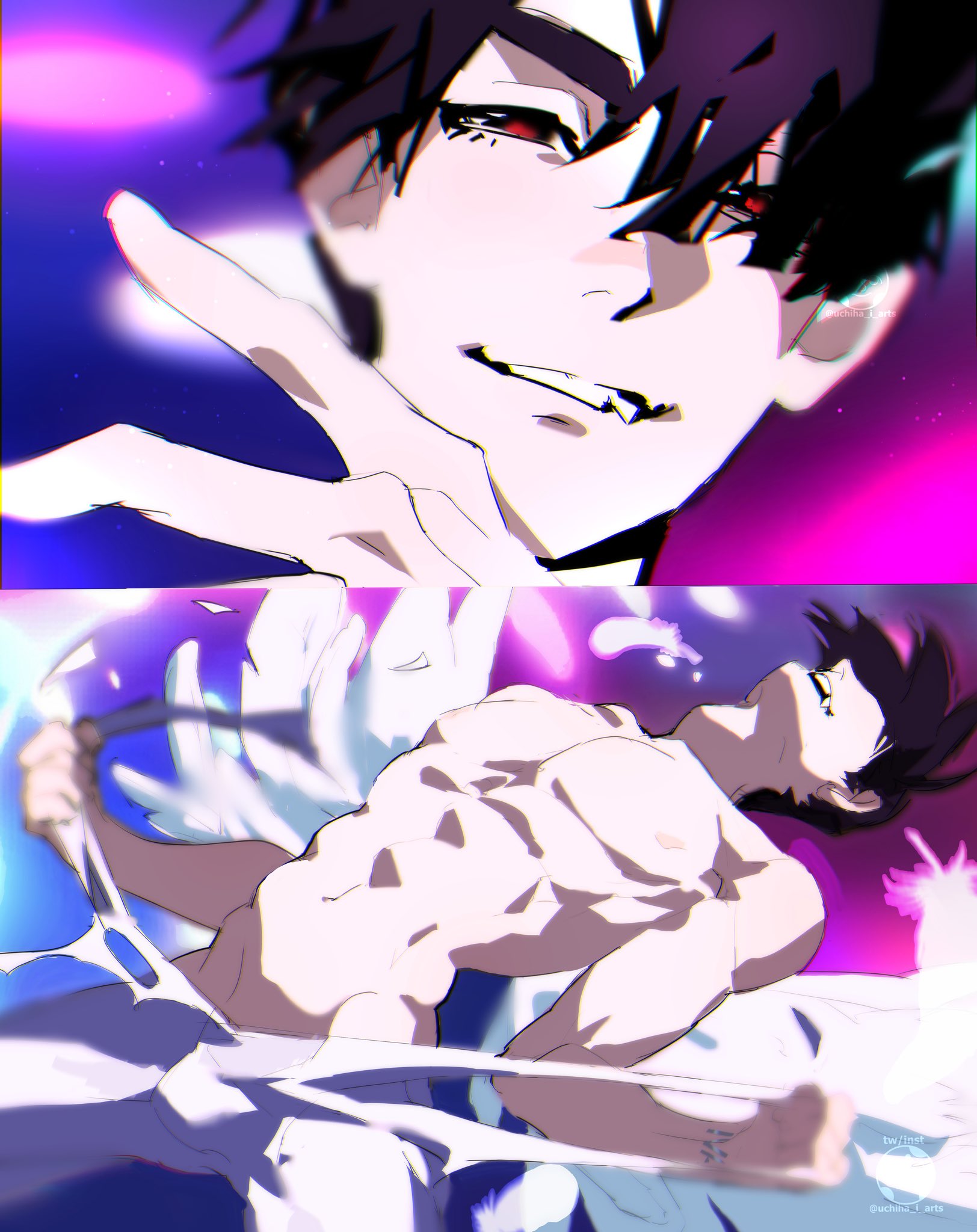 uchiha i arts, ivan (alien stage), alien stage, panty & stocking with garterbelt, commentary, english commentary, highres, 1boy, abs, black eyes, black hair, feathered wings, male focus, pants, pectorals, red pupils, short hair, undressing, watermark, white pants, white wings, wings