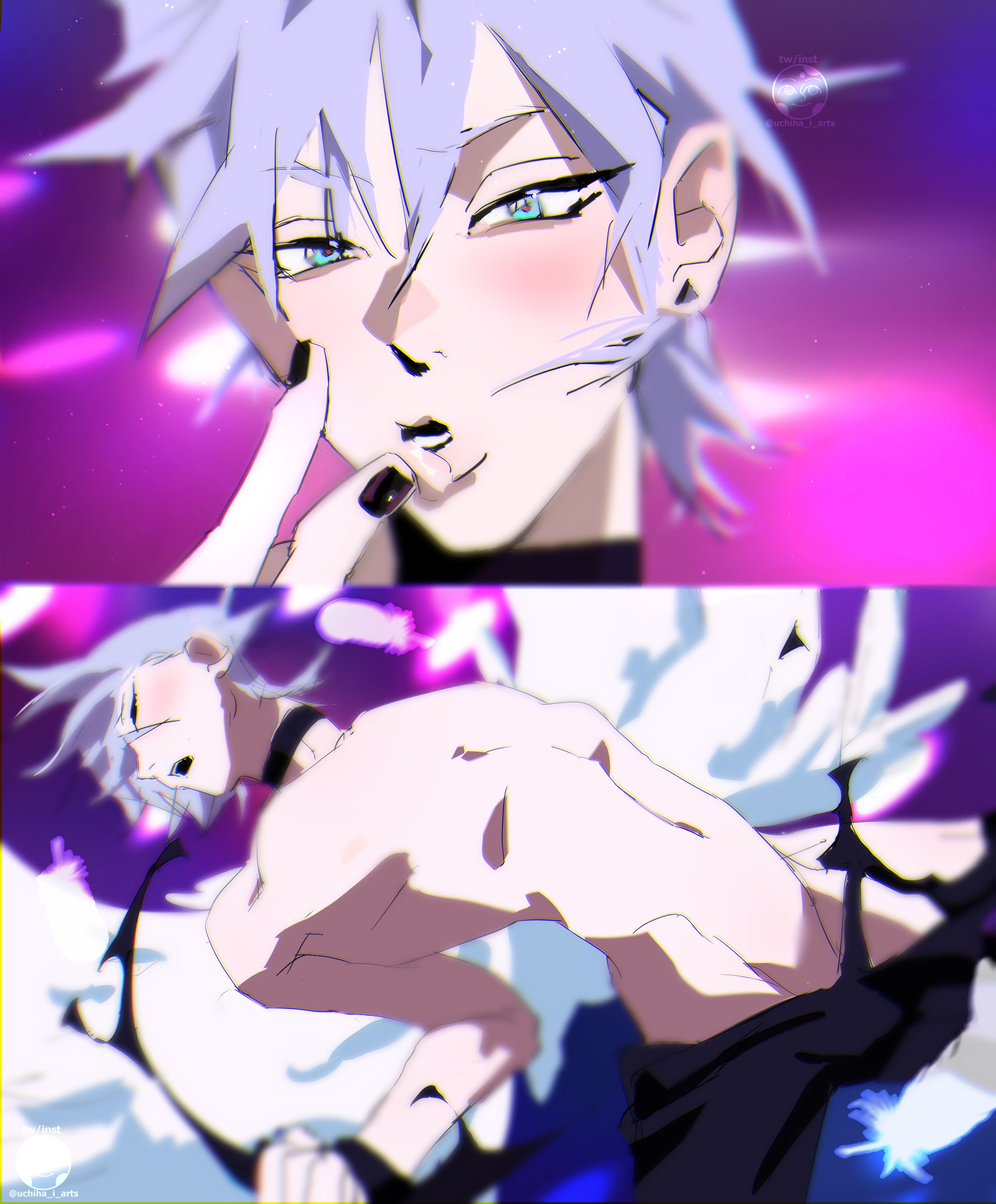 uchiha i arts, till (alien stage), alien stage, panty & stocking with garterbelt, commentary, english commentary, highres, 1boy, black choker, black nails, black pants, choker, feathered wings, green eyes, grey hair, male focus, navel, open mouth, pants, pectorals, short hair, undressing, white wings, wings