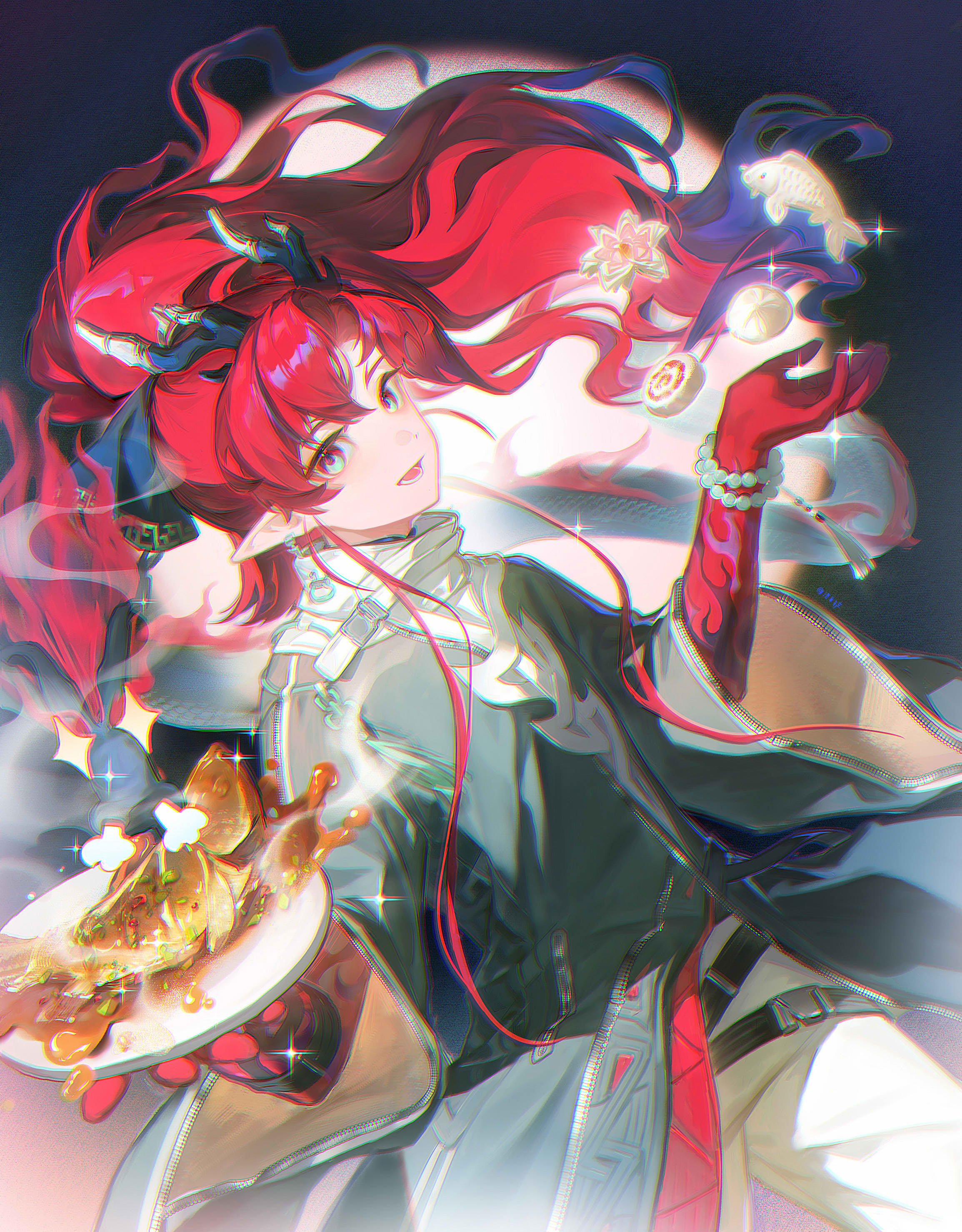 yu (arknights), arknights, absurdres, highres, 1girl, :d, bead bracelet, beads, bracelet, cup, dim sum, dragon horns, earrings, fish (food), food, green eyes, high ponytail, holding, holding plate, horns, jewelry, long hair, long sleeves, looking at viewer, looking back, lotus flower pastry, luo sheep chan, multicolored eyes, multicolored hair, open mouth, pants, pearl bracelet, plate, pointy ears, ponytail, red eyes, red hair, smile, solo, steamed bun, tassel, tray, wavy hair, white pants, wide sleeves