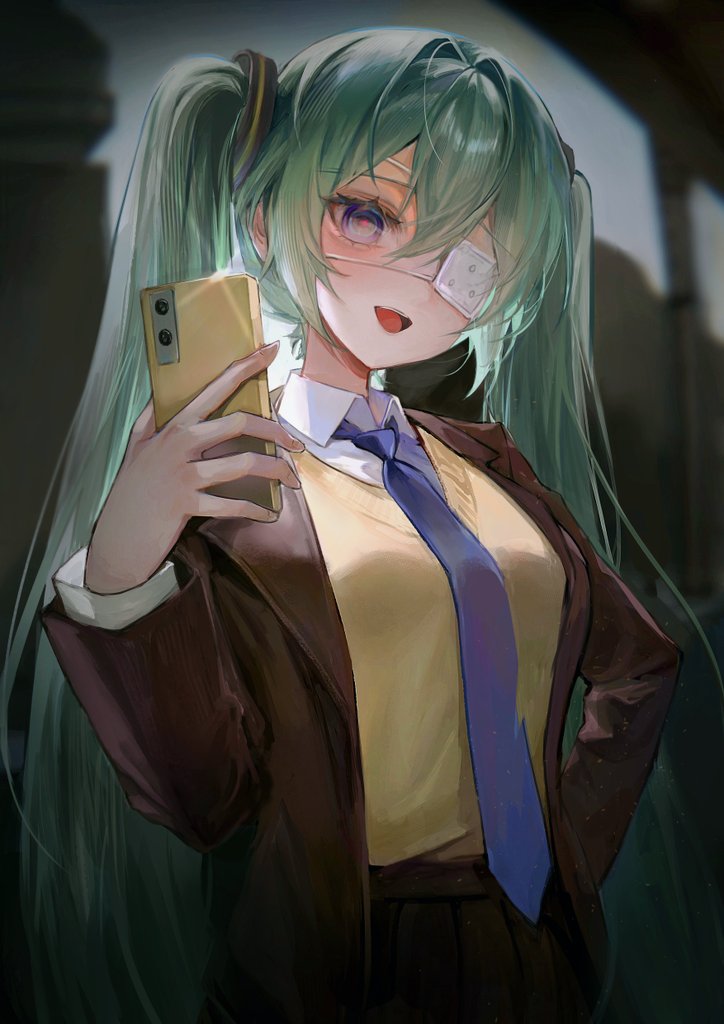 hatsune miku, monitoring (vocaloid), vocaloid, hashtag-only commentary, 1girl, black skirt, blazer, blue eyes, blue necktie, brown jacket, cellphone, collared shirt, dark, double-parted bangs, eyepatch, fingernails, green hair, hair between eyes, holding, holding phone, jacket, long hair, long sleeves, looking at another, medical eyepatch, n kiring, necktie, one eye covered, open clothes, open jacket, open mouth, phone, shirt, skirt, smartphone, smile, twintails, vest, white shirt, yellow vest