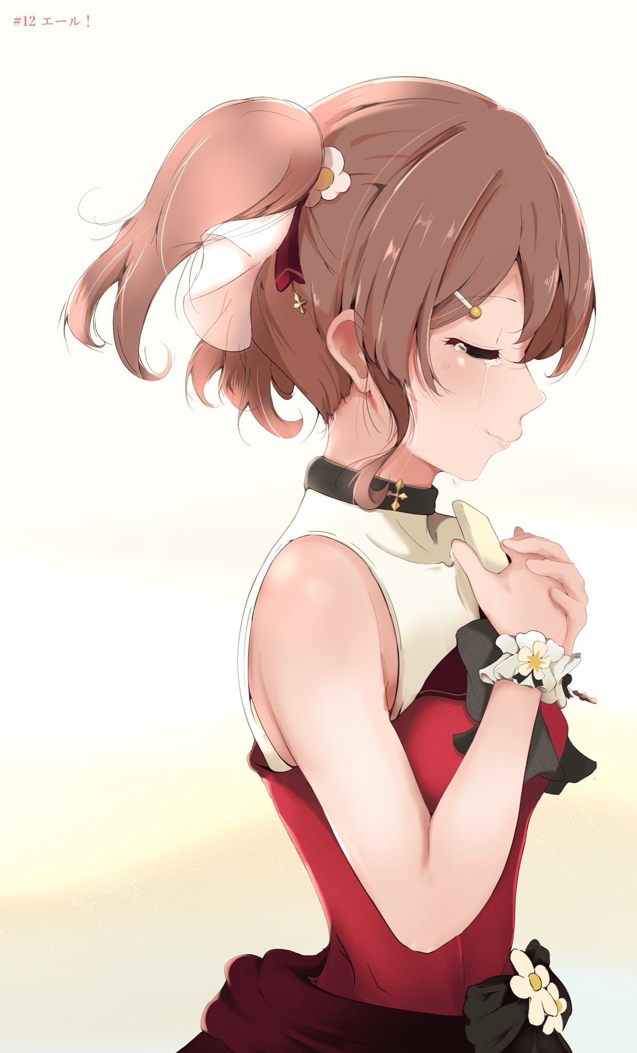 eryuus3, konoe haruka, love live!, love live! nijigasaki high school idol club, commentary request, highres, 1girl, bare shoulders, brown hair, closed eyes, closed mouth, dress, from side, hair ornament, hairclip, hands on own chest, sleeveless, sleeveless dress, solo, tears, twintails, upper body