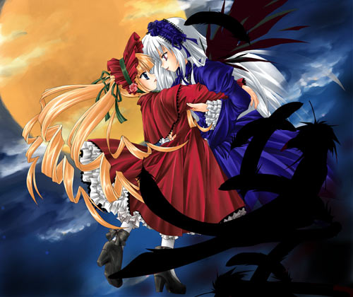 shinku, suigintou, rozen maiden, arm grab, silver hair, lowres, 00s, 2girls, black wings, blonde hair, bonnet, capelet, dress, drill hair, eye contact, feathers, floating, flower, frills, full moon, long hair, looking at another, moon, multiple girls, night, puffy sleeves, red dress, rose, shoes, sky, very long hair, wings
