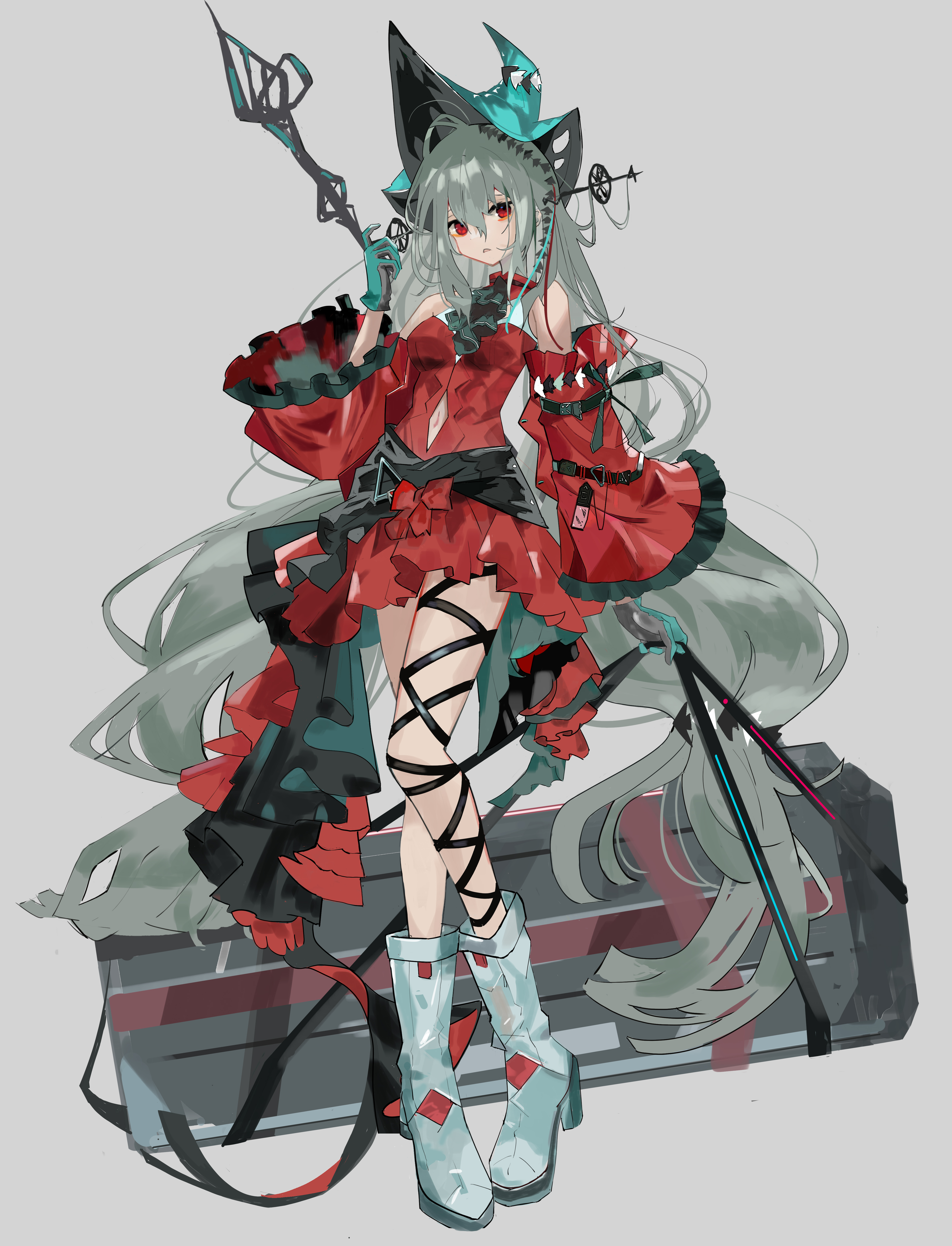 enne kl, skadi (arknights), skadi the corrupting heart (arknights), arknights, absurdres, commentary, highres, 1girl, ascot, bare shoulders, boots, breasts, detached sleeves, dress, full body, gloves, grey hair, hair ornament, hat, legs, long hair, parted lips, red eyes, short dress, sleeveless, sleeveless dress, staff, thigh strap, very long hair, weapon case