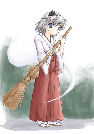 konpaku youmu, konpaku youmu (ghost), touhou, lowres, 1girl, bamboo broom, broom, female focus, hakama, hakama skirt, hitodama, japanese clothes, miko, poorly drawn, red hakama, skirt, solo
