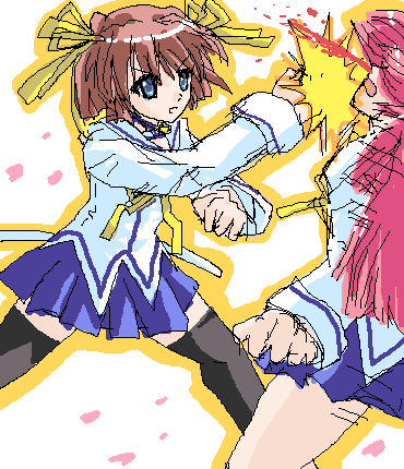 asakura nemu, shirakawa kotori, da capo, da capo i, lowres, 00s, 2girls, battle, choker, fighting, multiple girls, oekaki, ribbon, thighhighs