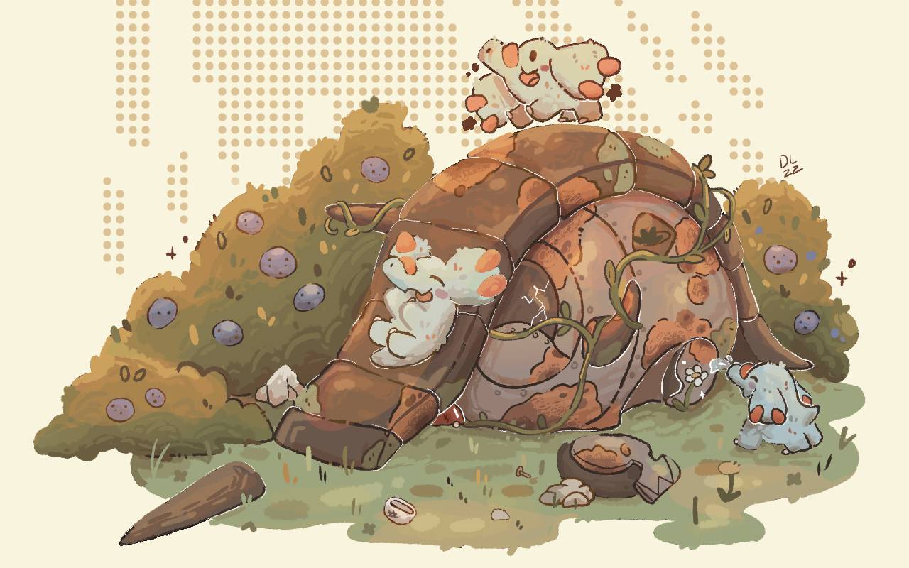 darkylights, iron treads, phanpy, nintendo, pokemon, commentary, english commentary, blush, blush stickers, bush, closed eyes, crack, flower, food, fruit, gen 2 pokemon, leaf, no humans, open mouth, plant, pokemon (creature), pokemon focus, robot, rock, rust, sliding, smile, vines, water