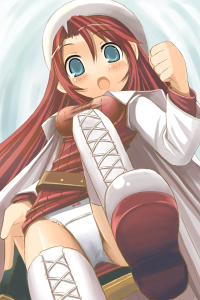 aty, aty (summon night), summon night, summon night 3, 1girl, beret, blush, boots, bow, bow panties, coat, dress, female focus, from below, green eyes, hat, lace, lace-trimmed panties, lace trim, leg lift, long hair, miniskirt, overcoat, panties, pantyshot, red hair, shoe soles, short dress, skirt, solo, thigh boots, thighhighs, underwear, upskirt, white boots, white panties