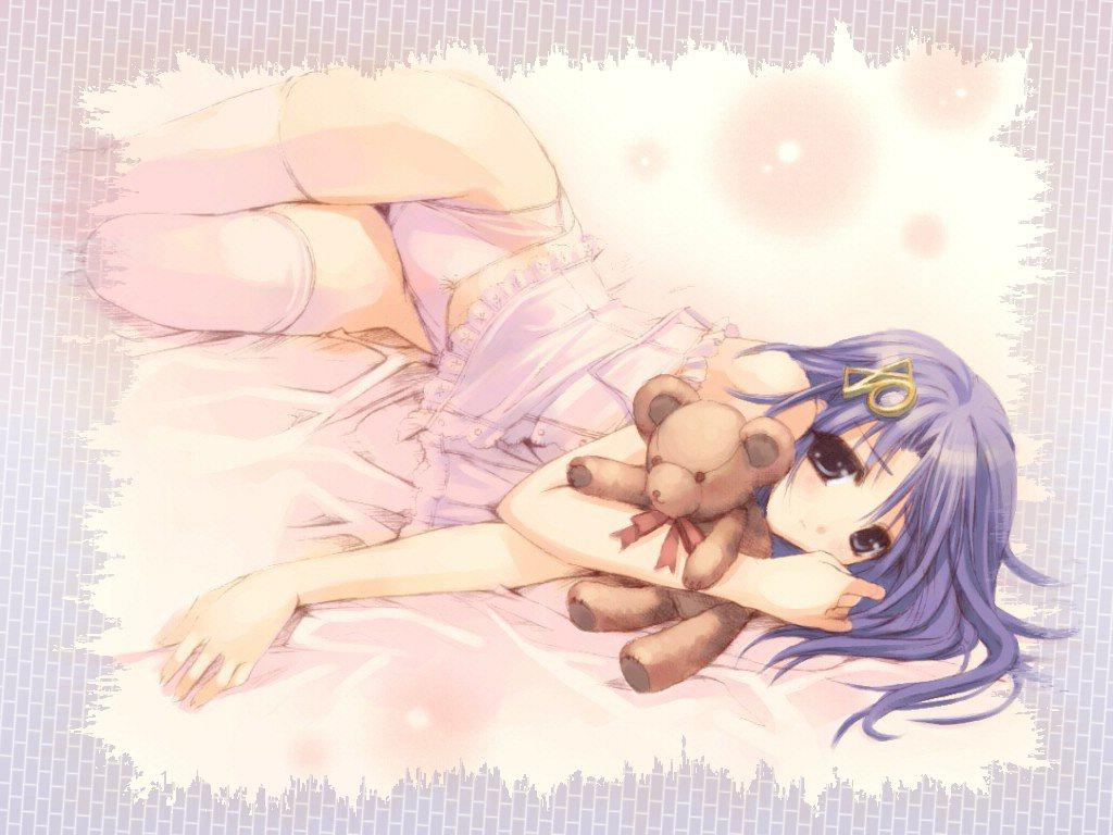 hasumi elan, 98-tan, xp-tan, os-tan, 1girl, bow, bow panties, female focus, lingerie, panties, pink panties, pink thighhighs, solo, stuffed animal, stuffed toy, teddy bear, thighhighs, underwear